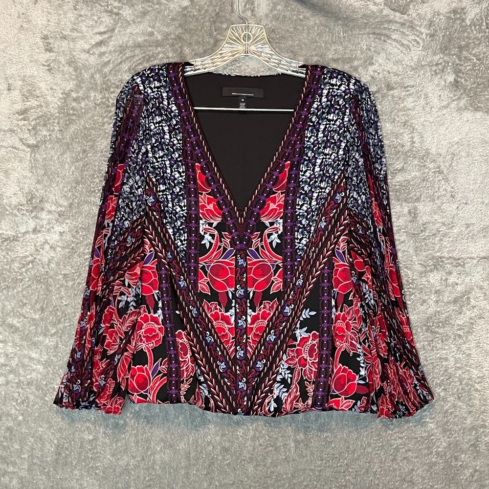 WHBM‎ Women V Neck Bubble Hem Blouson Top M Floral Whimsigoth Dark Boho Chiffon